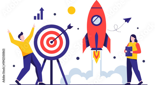 Achieving goals and launching new ventures with teamwork and determination Vector