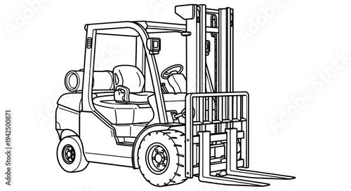 Forklift truck illustration isolated on white background showcasing a detailed line drawing of a forklift vehicle with visible operator and controls