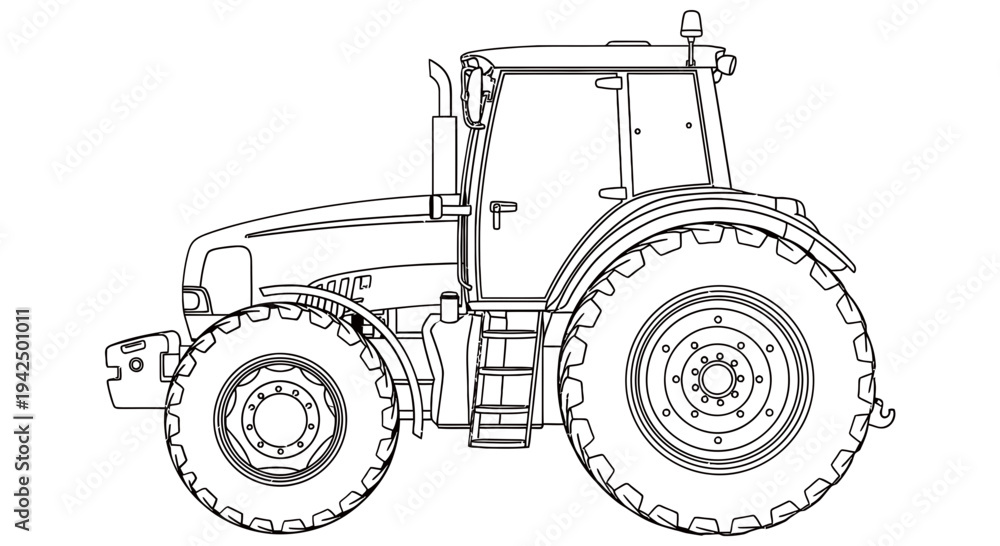 Obraz premium A detailed black and white technical drawing of a tractor viewed from the side showcasing its design and mechanical features with precision and clarity for industrial or agricultural use.