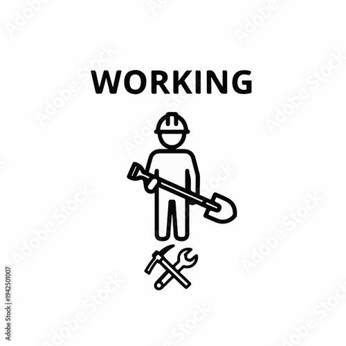 Black outline vector icon of a construction worker wearing a hard hat and holding a shovel, with a pickaxe and wrench below, labeled "WORKING"