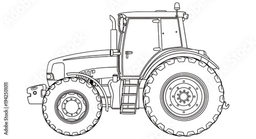 A detailed black and white technical drawing of a tractor viewed from the side showcasing its design and mechanical features with precision and clarity for industrial or agricultural use.