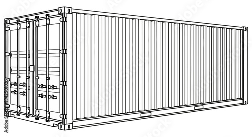 Shipping container with visible doors and locking mechanisms displayed on a white background