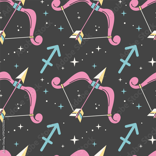 Seamless star pattern with Sagittarius zodiac sign. Bow and arrow symbol with constellation on black background. Repeat printable tile