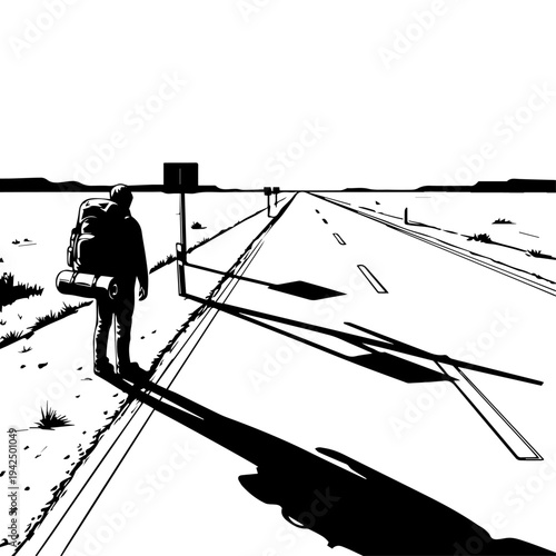 Man walking down deserted road with luggage and backpack