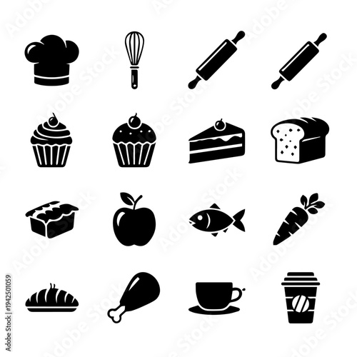 Baking icons collection featuring utensils and food items