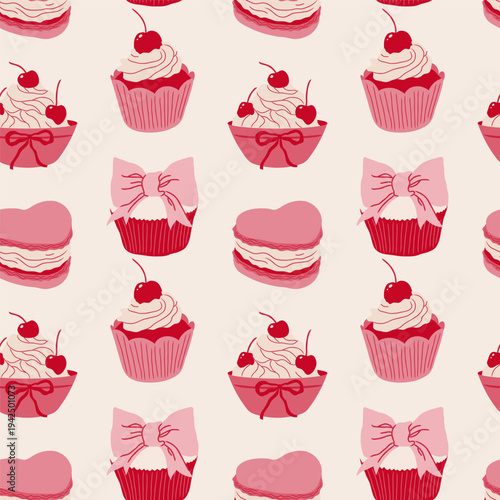 Seamless pattern with cupcakes, pastries and colorful macarons. Feminine sweet pattern for wrapping paper, fabric, decorative crafts