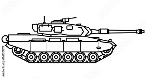 Simple black and white illustration of a tank with a long cannon and tracks facing right side profile