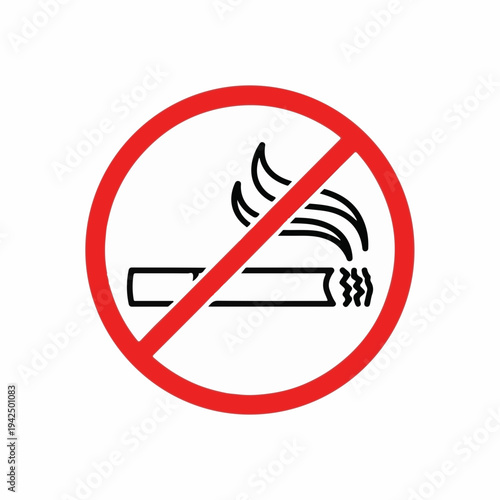 No Smoking sign vector illustration with a black outline cigarette and smoke inside a red circle with a diagonal line, isolated on a white background