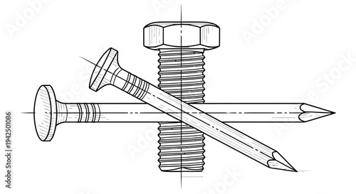 Detailed technical drawing showing a bolt screw and nail intersecting highlighting their structural differences and mechanical components in a precise engineering illustration
