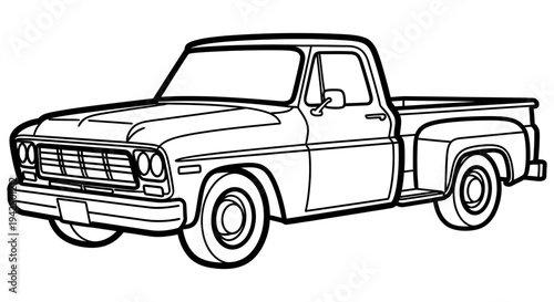 Vintage black and white line drawing of a classic pickup truck facing left with a simple and clean design aesthetic