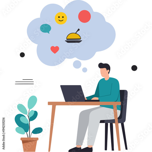 A person working on a laptop surrounded by social media engagement icons in the background Vector