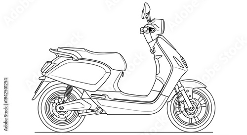 Detailed sketch of a modern scooter viewed from the side showcasing sleek design and urban transportation features