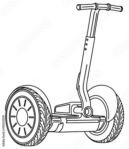 Modern sleek segway vehicle illustration showcasing its design and balance features in a simple black and white graphic style for transportation and mobility concepts