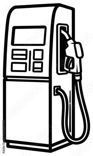 Simple black and white illustration of a fuel pump with a hose and nozzle ready for use at a gas station