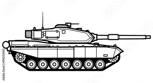 Military tank illustration with detailed tracks and turret facing right in a simple black and white graphic style