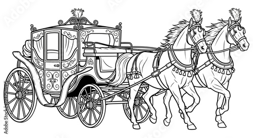 Elegant horse drawn carriage with ornate details and horses in traditional attire, suitable for historical or luxury themes in black and white illustration