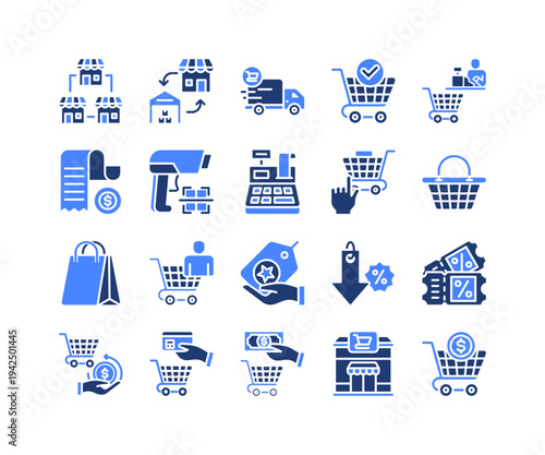Retail Operations Icon Collection,  featuring Store, Procurement, Delivery, Self Service, Shopping Basket, Coupons, Cash.