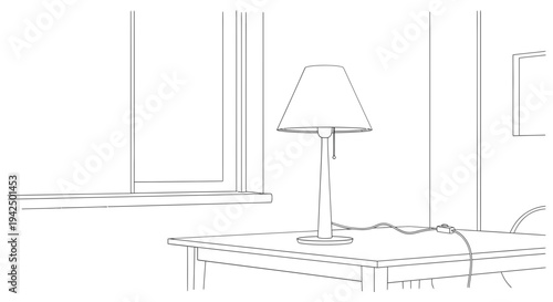 Simple minimalist table lamp on wooden bedside table in a serene bedroom setting with soft lines and subtle shading