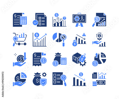 Financial Analysis Icon Collection,  featuring Audit, Projection, Sales Report, Income, Dividend, Solvency, Risk Assessment.