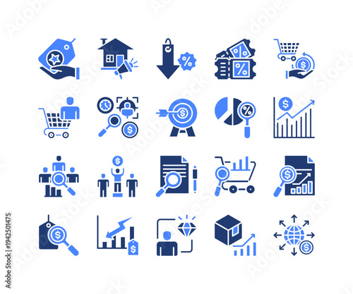 Retail Marketing Icon Collection,  featuring Promotion, Coupons, Consumer, Price, Value Chain, Product Development, Expansion.