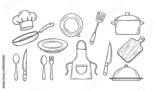 Hand Drawn Restaurant and Chef Tools Doodle Icon Set
