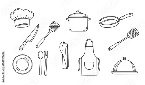 Minimal Hand Drawn Kitchen and Restaurant Doodle Vector Icons