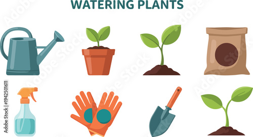 Illustration of gardening tools and plants Includes watering can spray bottle gloves shovel seeds and seedlings