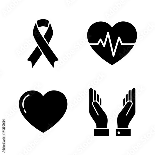 Simple black icons symbolizing health and care on white background