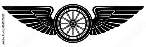 Black and white emblem featuring a stylized wheel with wings symbolizing freedom and movement in a simple yet striking design concept for logo or emblem use.