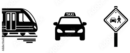 Public transportation icons representing different travel options like train, taxi, and pedestrian crossing
