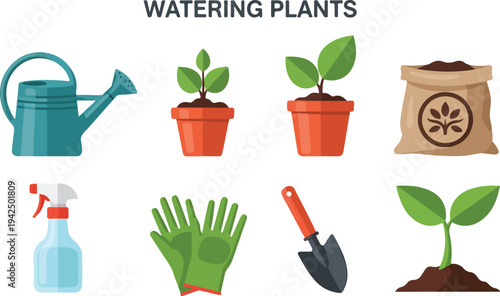 Illustration of gardening tools watering can potted plants sprayer gloves trowel soil bag and seedling