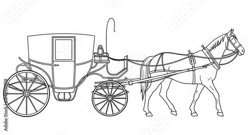 Elegant horse drawn carriage illustration featuring a single horse and vintage vehicle in a simple yet sophisticated black and white design