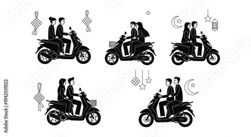 Silhouettes of couples riding scooters under hanging lanterns