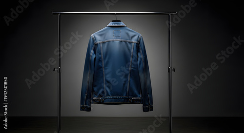 Blank blue denim jacket mockup hanging on a rack against a dark wall