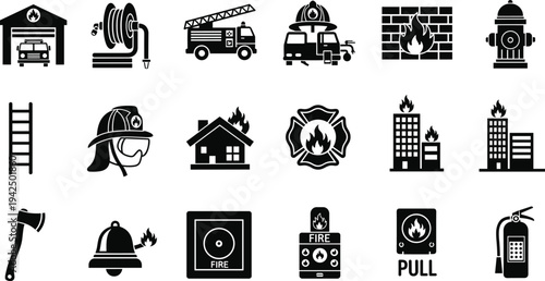 Set of Black Firefighting Vector Icons Featuring Fire Truck Station Hydrant Extinguisher Firefighter Helmet Axe Alarm Bell and Emergency Rescue Equipment.