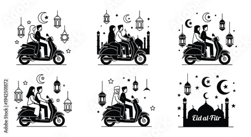 Silhouettes of couples riding scooters under hanging lanterns