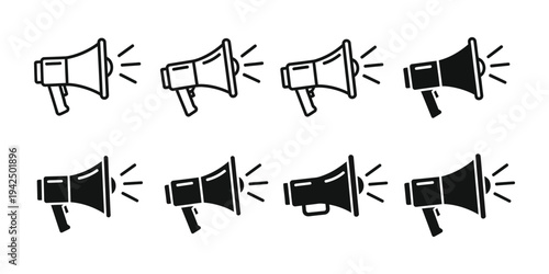 Megaphone icon set. Loudspeaker vector sign. Shout announce isolated on white background. Loud speaker public announcement.