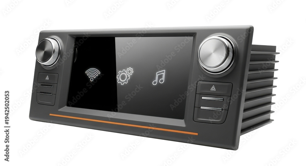 Fototapeta premium Modern car stereo system with touchscreen display, silver rotary knobs, and black plastic casing, featuring Wi-Fi, settings, and music icons on a white background