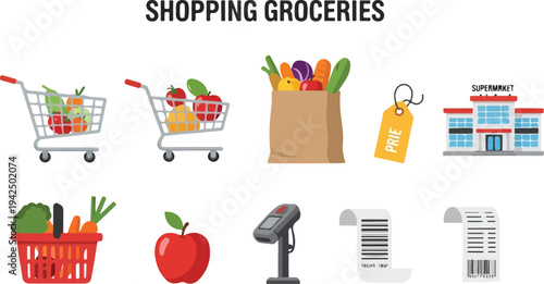 Illustration of groceries Shopping carts fruits vegetables shopping basket apple price tag supermarket scanner receipts