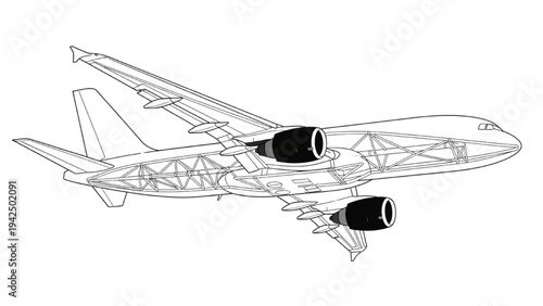 High Quality Black Line Art Passenger Airplane with Visible Internal Frame Structure and Jet Engines Aviation Technical Illustration