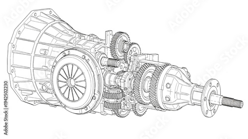 High Quality Black Line Art Exploded Gearbox Transmission with Clutch, Gears and Differential Technical Mechanical Diagram