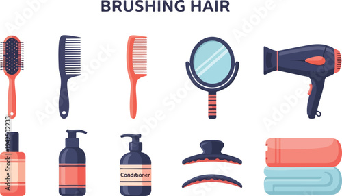 Illustration of hair care items brushes combs mirror dryer bottles hair clip and towels