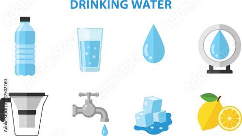 Illustration of items related to drinking water including bottle glass water droplet dispenser pitcher faucet ice cubes and lemon