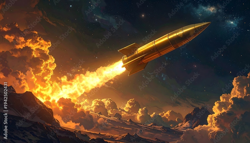 Fototapeta premium A golden spacecraft ascends through a fiery blast, soaring against a backdrop of nebulae, clouds, and snow-capped mountains