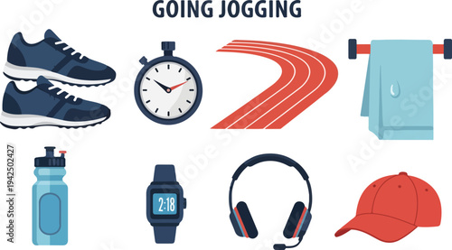 Illustration of jogging items sneakers stopwatch track towel bottle watch headphones hat