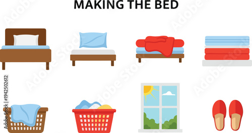Illustration of making a bed Shows bed pillow folded blanket stack of towels baskets window and slippers