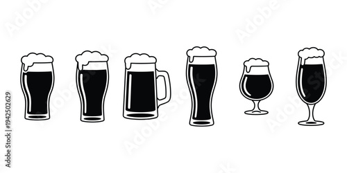 Beer mug silhouettes set, frothy foam drinks illustration, Oktoberfest bar beverage icons collection isolated on white background vector design pack