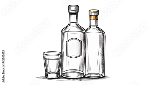 A minimalist line art illustration of two empty bottles and a shot glass on transparent background