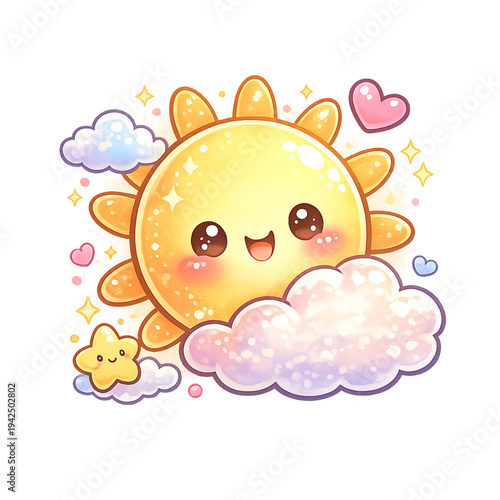 cheerful kawaii sun with sparkles, adorable smiling sun illustration, cute celestial character design, soft pastel yellow and peach palette, big sparkling eyes and rosy cheeks, radiant sunbeam rays de