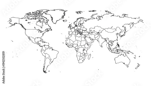 A minimalist vector graphic illustration of a world map on transparent background